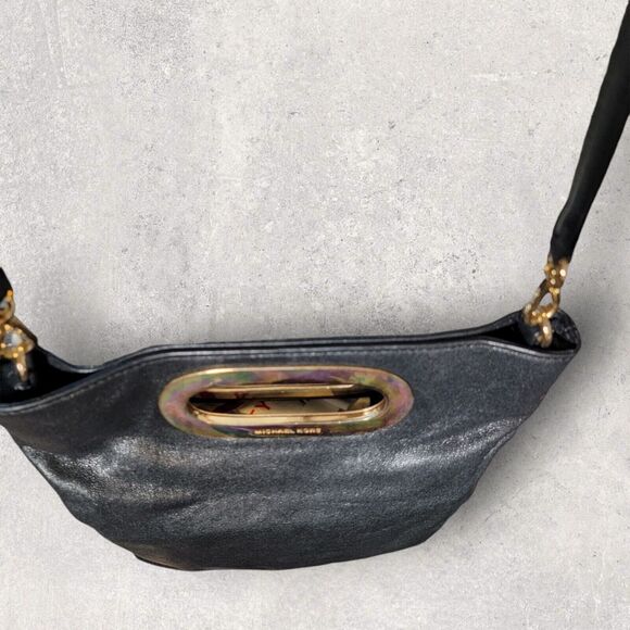 Michael Kors Black Leather Clutch Crossbody Shoulder Handbag Purse Detach Strap - Picture 13 of 16
